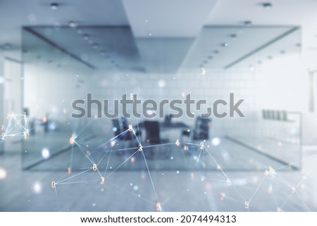 Abstract virtual technology sketch on a modern furnished office interior background, future technology and AI concept. Double exposure