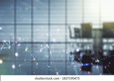 Abstract Virtual Wireless Technology Hologram On A Modern Conference Room Background. Big Data And Database Concept. Multiexposure