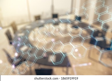 Abstract virtual wireless technology hologram with hexagon on a modern coworking room background, artificial intelligence and machine learning concept. Multi exposure