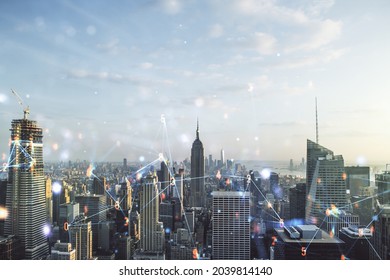 Abstract Virtual Wireless Technology Hologram On New York City Skyline Background. Big Data And Database Concept. Multiexposure