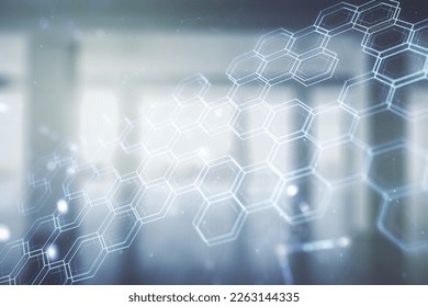 Abstract virtual wireless technology hologram with hexagon on empty modern office background. Big data and database concept. Multiexposure