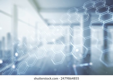 Abstract virtual wireless technology hologram with hexagon on modern interior background, artificial intelligence and machine learning concept. Multi exposure