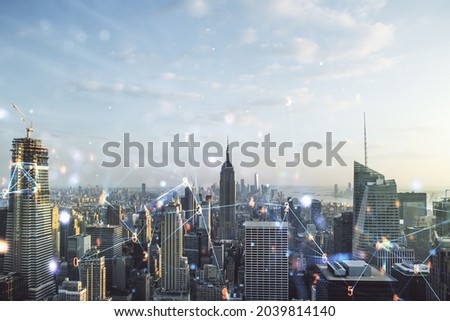 Abstract virtual wireless technology hologram on New York city skyline background. Big data and database concept. Multiexposure