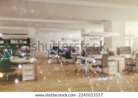 Abstract virtual wireless technology hologram on a modern furnished classroom background, artificial intelligence and machine learning concept. Multi exposure