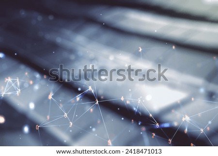 Abstract virtual wireless technology hologram on abstract metal background, artificial intelligence and machine learning concept. Multi exposure
