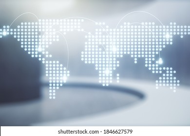 Abstract virtual world map with connections on empty corporate office background, international trading concept. Multiexposure