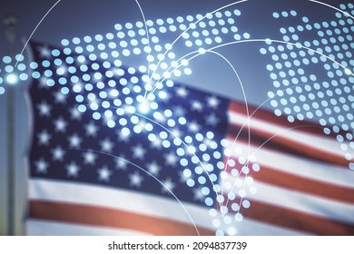 Abstract virtual world map with connections on USA flag and sunset sky background, international trading concept. Multiexposure - Powered by Shutterstock - Get 15% off with code: PIKWIZARD15