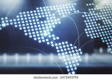 Abstract virtual world map with connections on blurry modern office building background, international trading concept. Multiexposure
