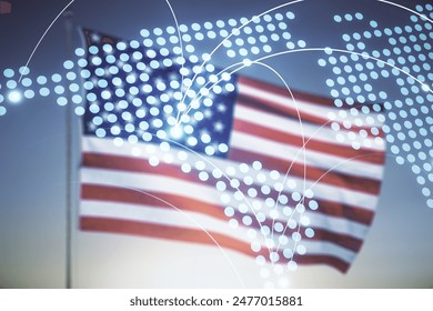 Abstract virtual world map with connections on USA flag and sunset sky background, international trading concept. Multiexposure