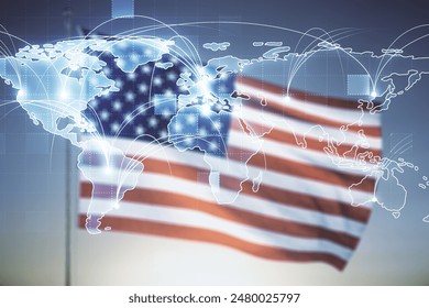 Abstract virtual world map with connections on USA flag and sunset sky background, international trading concept. Multiexposure - Powered by Shutterstock