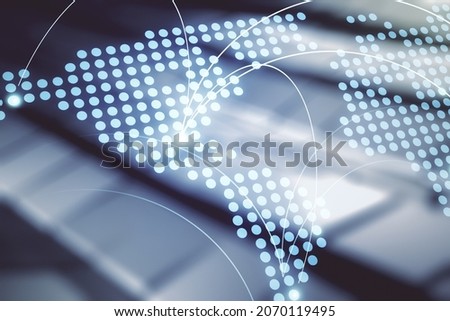 Abstract virtual world map with connections on blurry abstract metal background, international trading concept. Multiexposure