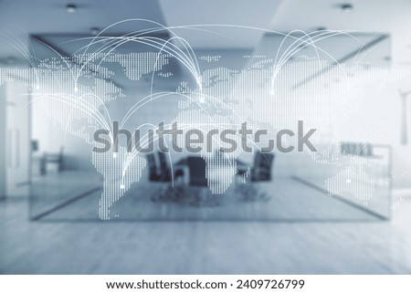 Abstract virtual world map with connections on a modern furnished office background, international trading concept. Multiexposure