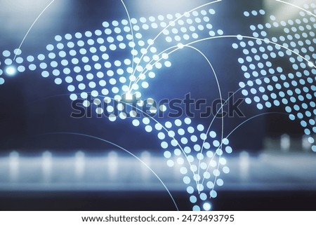 Abstract virtual world map with connections on blurry modern office building background, international trading concept. Multiexposure