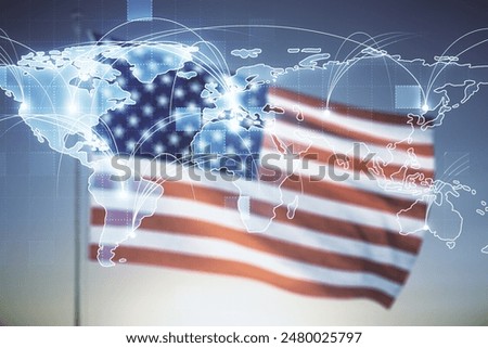 Abstract virtual world map with connections on USA flag and sunset sky background, international trading concept. Multiexposure