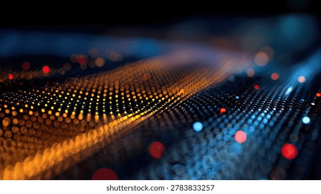 An abstract visualization of a digital network, featuring a flowing wave of glowing particles in orange and blue, with scattered red and blue bokeh lights.
