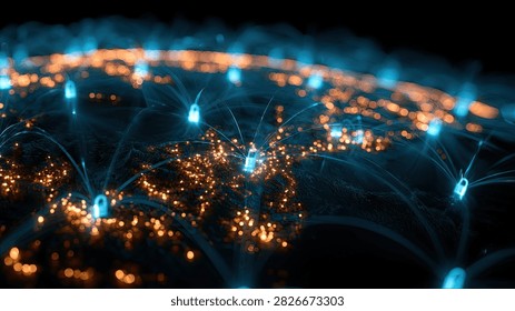 Abstract visualization of a glowing digital network connecting cities across the globe, symbolizing data flow and cybersecurity.