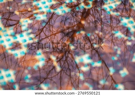 Abstract water reflection displaying bare tree branches and a dynamic pattern of dappled light in vibrant teal, orange, and purple tones, creating a vivid background and natural texture