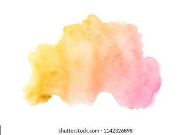 Abstract Watercolor Background Image With A Liquid Splatter Of Aquarelle Paint, Isolated On White. Pink And Yellow Tones