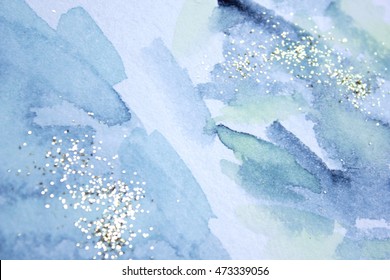 Abstract Watercolor Glittery Background. Dreamy, Blurred, Magical Backdrop. Elegant, Feminine, Soft Light, Golden Abstraction.