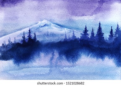 Abstract watercolor landscape  Silhouette white snowy mountain n light sky  The shape fir forest  A tall beautiful Christmas tree  Winter season  Gradient sky  Hand drawn watercolor illustration