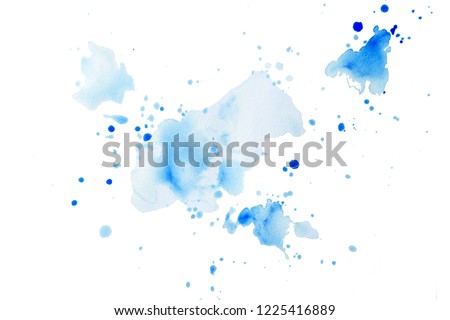Abstract watercolor shapes, blobs and drops in blue and turquoise colors isolated on white background