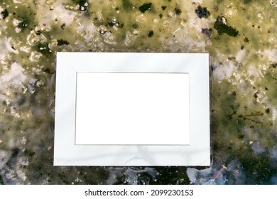Abstract water-snow-ice element background with a white caption frame