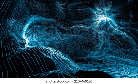 Abstract wave of digital weave lines connecting network dots and dark background . Modern 3D mesh pattern design geometric showing futuristic computer science technology concepts . - Shutterstock ID 2107460120