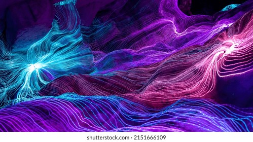 Abstract Wave Of Digital Weave Lines Connecting Network Dots And Dark Background . Modern 3D Mesh Pattern Design Geometric Showing Futuristic Computer Science Technology Concepts .