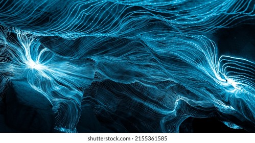 Abstract Wave Of Digital Weave Lines Connecting Network Dots And Dark Background . Modern 3D Mesh Pattern Design Geometric Showing Futuristic Computer Science Technology Concepts .