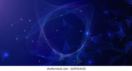 Abstract wave shape on a low-polygonal triangular background for design on the topic of cyberspace, big data, metaverse, network security, data transfer on dark blue abstract cyberspace background.