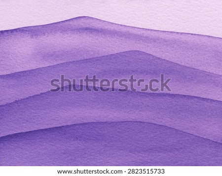Abstract wavy gradient painted with violet purple violaceous watercolor on textured paper background. waves flow horizontally. Delicate watercolor textures create calming layers.