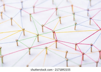 abstract web line connection of color yarn from nail node to node on white background , networking concept - Shutterstock ID 2171892155