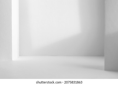 Abstract white 3d studio background for product presentation. Empty gray room with shadows of window. Display product with blurred backdrop.