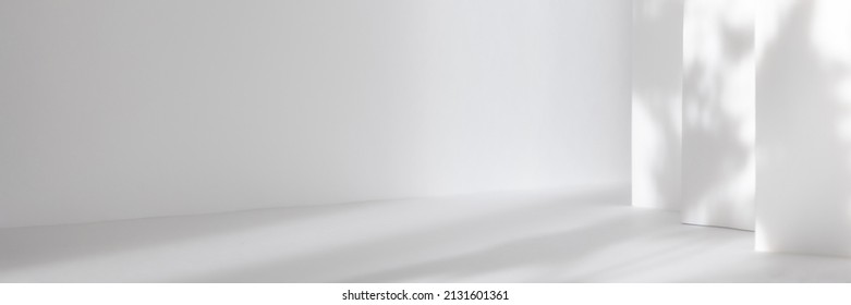 Abstract white 3d studio background for cosmetic product presentation. Empty grey room with shadows of window. Display product with blurred backdrop. Banner - Shutterstock ID 2131601361