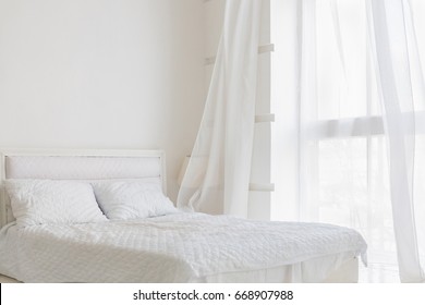 Abstract White Bedroom With White Curtain On Window