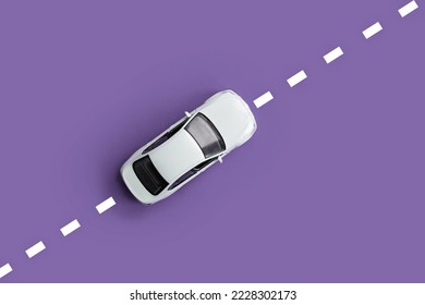 
abstract white car rides on the road with markings. purple or lilac background. top view. copy space