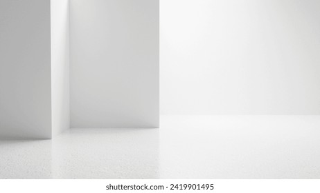 Abstract white empty room corner with bright white walls and empty floor, bright white empty room interior - place for text and design, room for product placement, white empty room interior background