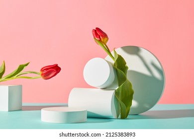 Abstract White Podium With Flower In Trendy Background For Advertising , Front View 