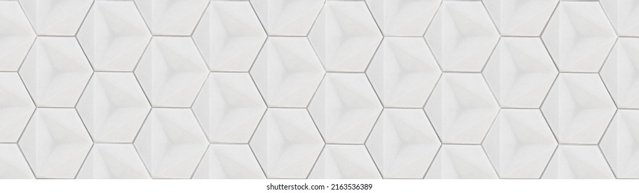 Abstract White Seamless Cement Ceramic Porcelain Stone Mosaic 3D Tiles, Tile Mirror Wall Made Of Hexagonal Geometric Hexagon Motif Print Texture Background Banner Panorama
