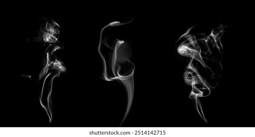 abstract white smoke isolated on a black background. concept of texture mist, fog effect, and cloud for design air pollution, element smog