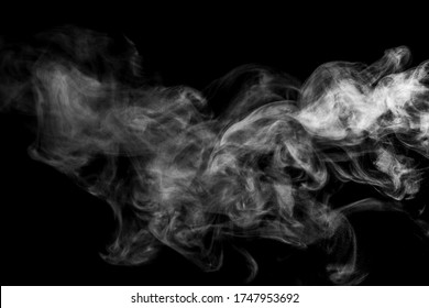 Abstract White smoke steam with swirl wave shape on isolated solid black wallpaper backgrounds use as a overlay effect for food vapor and dry ice 