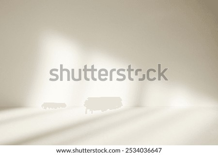 Abstract white studio background with shadows of window. Empty beige 3d room. Display product with blurred backdrop.