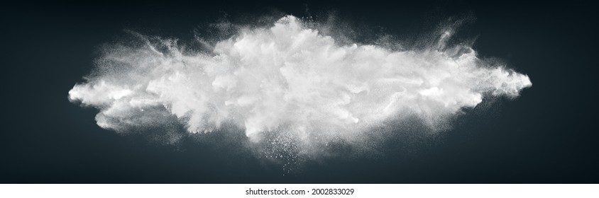 Abstract wide horizontal design of white powder snow cloud explosion on dark background - Shutterstock ID 2002833029