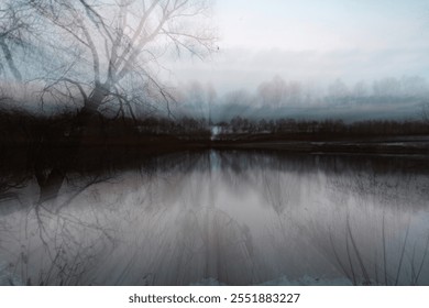 Abstract winter landscape with layered textures of bare trees and still water. - Powered by Shutterstock