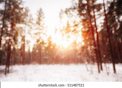 Abstract Winter Natural Blurred Forest Background. Bokeh, Boke Woods With Sunlight, Red And Yellow Warm Colors Of Nature. Beautiful Sunset Sunrise Sun Sunshine In Sunny Winter Snowy Forest.