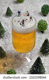 Abstract Winter Scene Miniature Figurine Men Fishing On Pint Of Beer