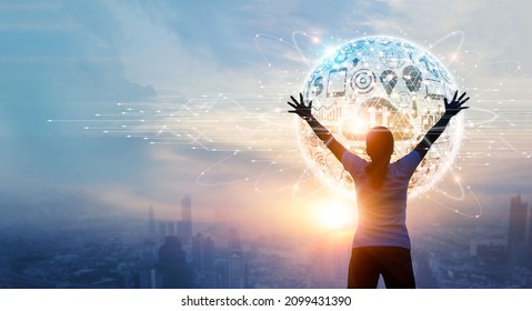 Abstract, Woman Touching A Big Social Media Network On Global Connection, Digital Network, Internet Business, Telecom Communication On Cyberspace. 