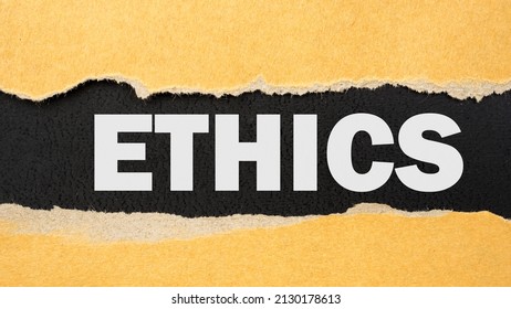 Abstract word ETHICS label torn paper recycled brown pieces on background. 
Old kraft ripped paper scrap box craft banner alphabet ETHIC pattern. - Shutterstock ID 2130178613