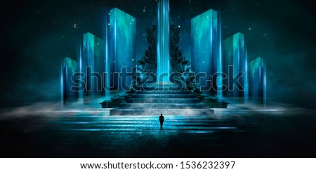 Abstraction, futuristic city of concrete and neon. Night city view, stairs up, illumination. Dark street, abstract scene, neon rays.