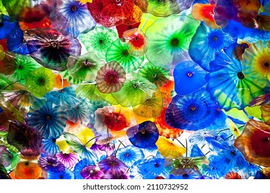 abstraction, glass jellyfish, hotel ceiling in las vegas color bright beautiful background.